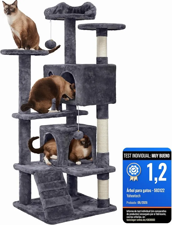 Yaheetech Árbol Rascador para Gatos 139cm con Poste Sisal - Gris Oscuro