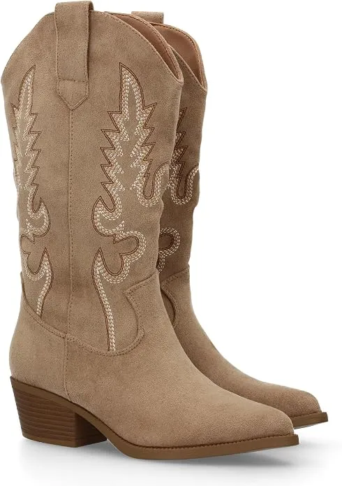 Botas Cowboy Mujer Elegantes Caña Bordada 32cm Talla 39 Kaki