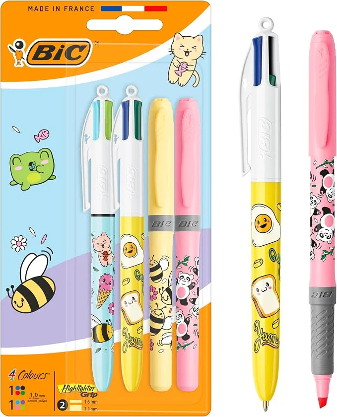 Pack Bolígrafo BIC 4 Colours Decors Kawaii y Marcadores BIC Highlighter Grip Decors