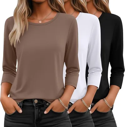 Ficerd Pack de 3 Camisetas de Manga 3/4 para Mujer