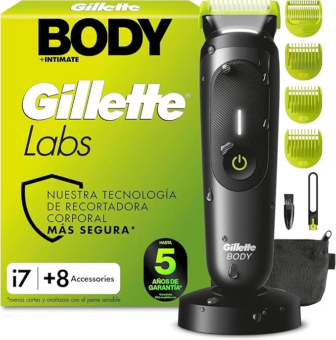 GilletteLabs i7 Body + Intimate Afeitadora Corporal con 8 Accesorios y Base de Carga