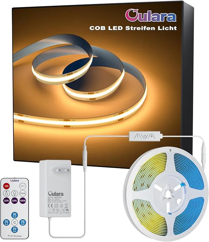 OLARARA Tira LED COB Blanco Cálido 6M Regulable con Mando RF y Temporizador
