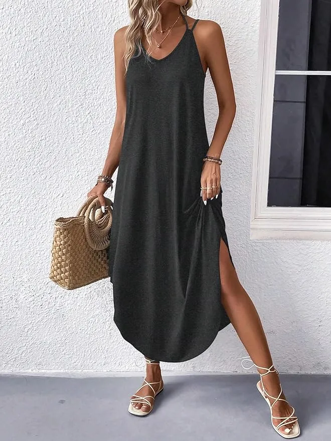 Vestido largo sin mangas con cuello en V para mujer