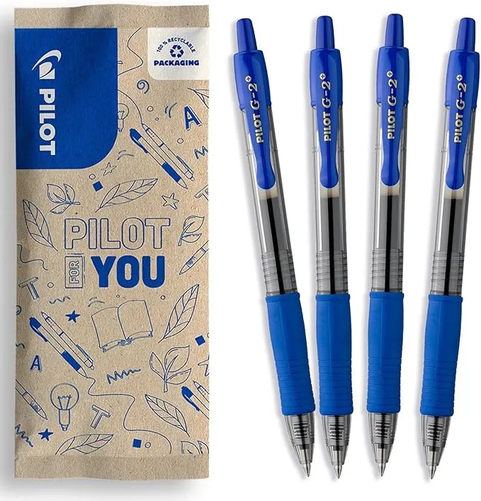 Caja de 4 Bolígrafos Roller Pilot G2 Plus Tinta Gel Azul Punta Media