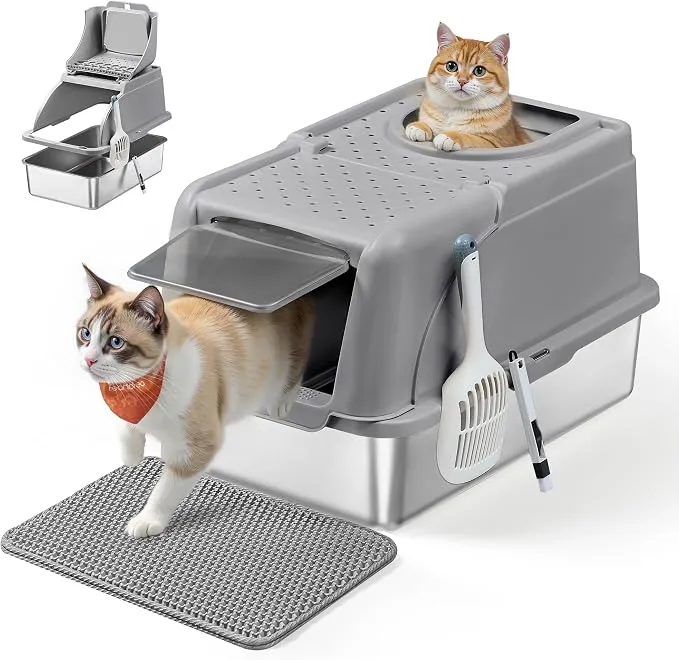Feandrea Arenero para Gatos XL Inoxidable con Tapa Abatible y Accesorios