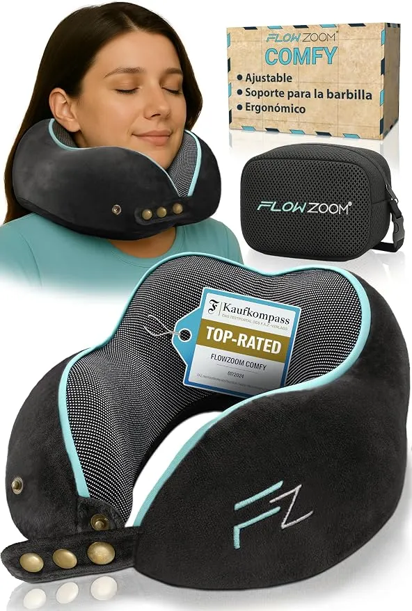 Almohada de Viaje Viscoelástica FLOWZOOM Comfy con Soporte Ajustable 360°