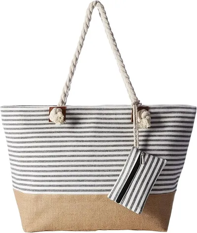 DonDon Bolso de playa grande impermeable con cremallera - Rayas negras