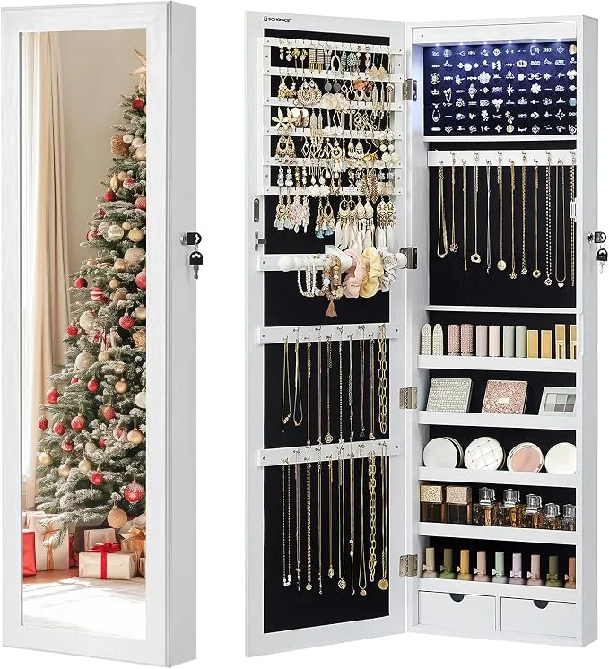 SONGMICS Armario Joyero de Pared con Espejo LED y Cierre