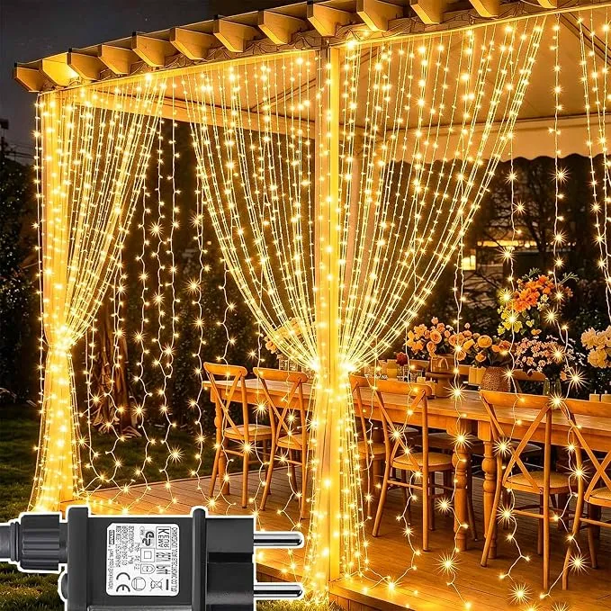 Joycome Cortina de Luces LED Cascada 6x3m, 600 LED, 8 Modos, Blanco Cálido