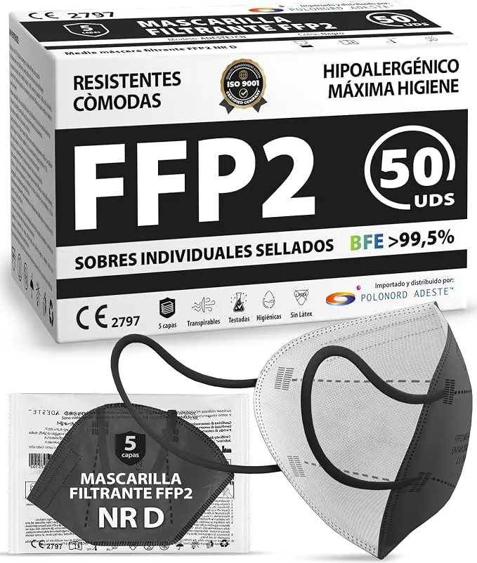 Lote 50 Mascarillas FFP2 NR D Negras con Certificado CE y Filtrado >99.5%