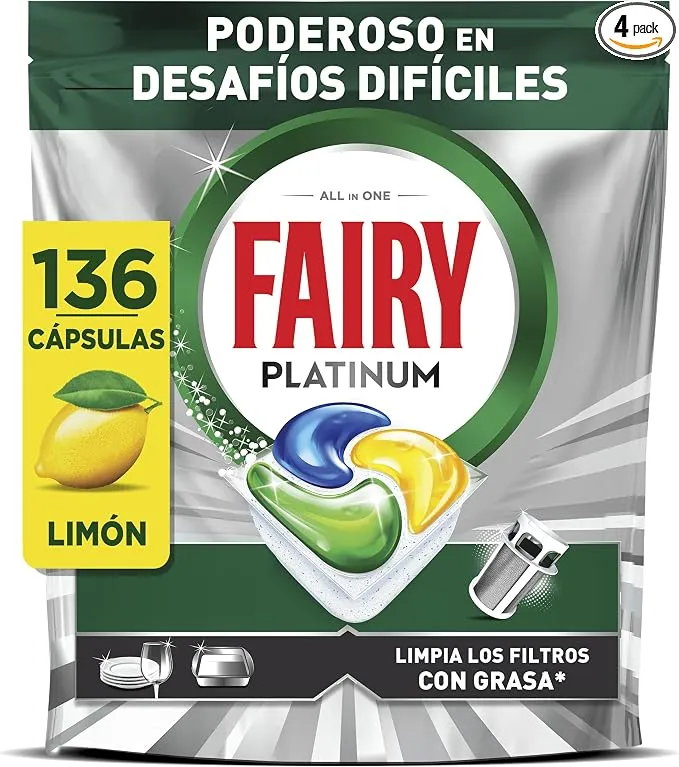 Fairy Platinum Cápsulas Lavavajillas Limón (Paquete de 4 - 136 Cápsulas)