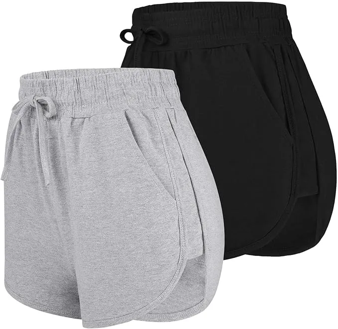 URATOT Paquete de 2 Pantalones Cortos de algodón para Mujer, para Verano, Correr, Gimnasio, Deportes, Cintura con Bolsillos - Negro - M