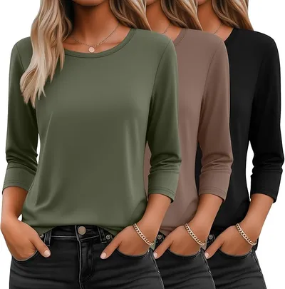 Ficerd Pack de 3 Camisetas de Manga 3/4 para Mujer