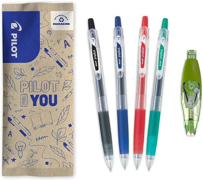 Lote de 4 Bolígrafos Pilot Pop'Lol + 1 Corrector Tinta Gel Colores Variados