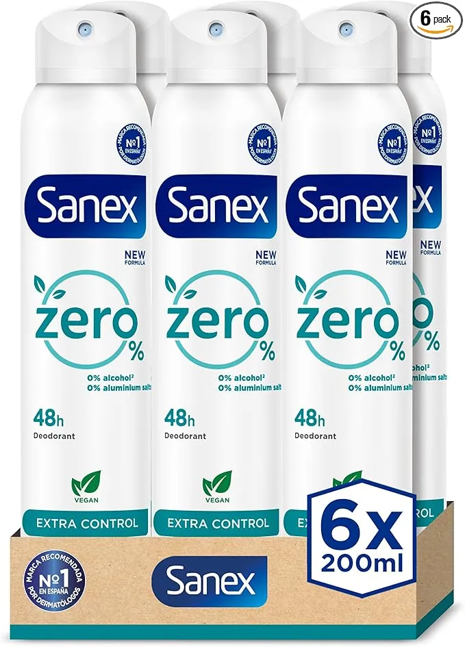 Sanex Zero% Extra Control Desodorante Spray, Pack 6 Uds x 200ml