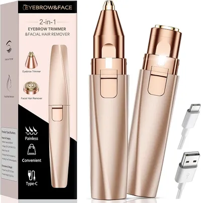 Depiladora Facial Mujer Eléctrica Recargable: Recortadora de Cejas 2 en 1 Sin Dolor/Impermeable para Labio/Barbilla/Mejillas- Regalo Mujer (Dorado)