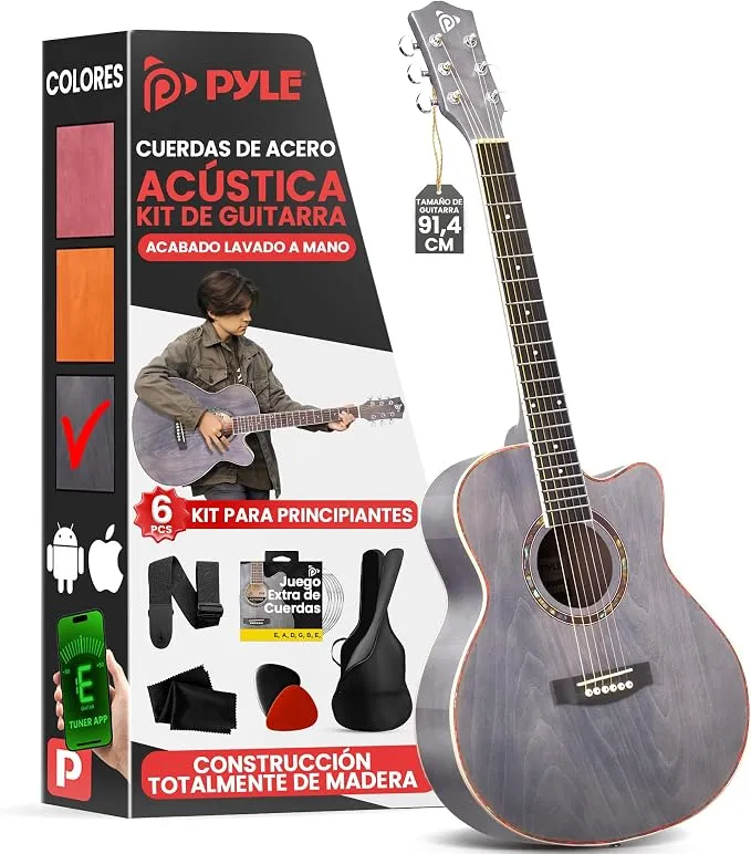 Pyle Kit de Guitarra Acústica para Principiantes - Diestro, 3/4, Gris Crepúsculo Mate
