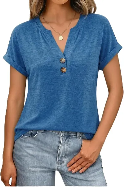Litherday Camiseta Mujer Oversize Loose Fit Cuello V con Botones Manga Corta Arremangada Henley Verano Algodón Transpirable Elegante Casual Top Básico