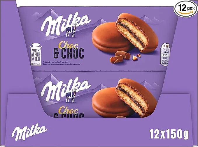 Milka Choc & Choc - 12 paquetes de bizcochos rellenos de cacao y recubiertos de chocolate con leche de los Alpes