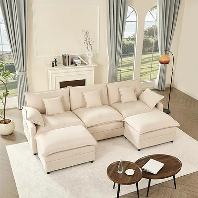 Sofá Modular 3 Plazas en Forma de U con Pufs Móviles - Blanco Roto