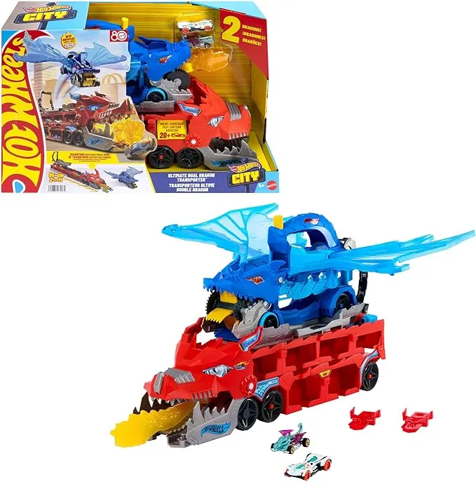 Hot Wheels City Ultimate Dual Dragon Transporter con 2 Coches