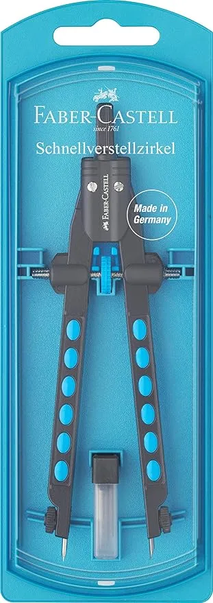 FABER-CASTELL 174340 - Compás de ajuste rápido, Factory, azul, juego de compases con piezas de repuesto y minas de compás