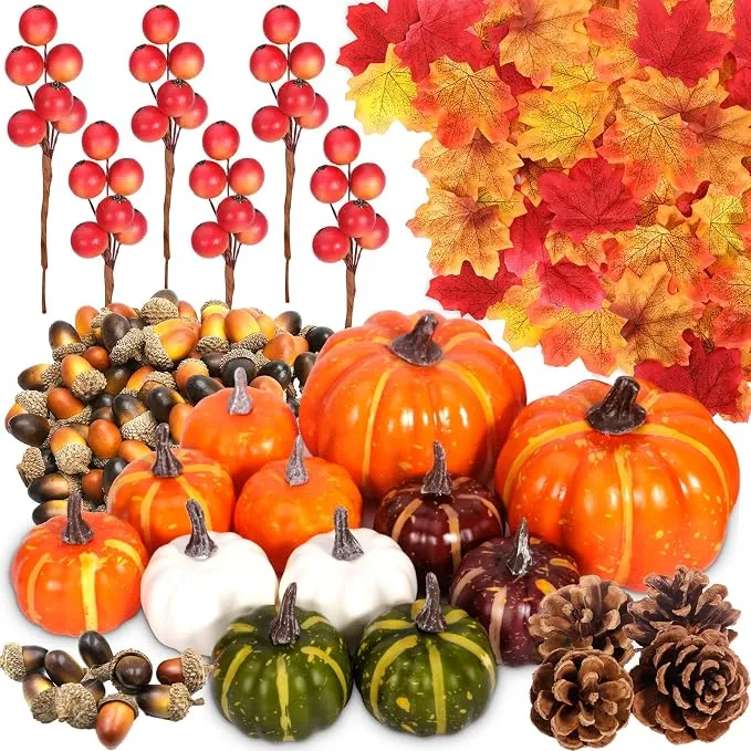Lote 162 Piezas Decoración Otoño Halloween: Mini Calabazas Falsas, Hojas Arce, Piñas