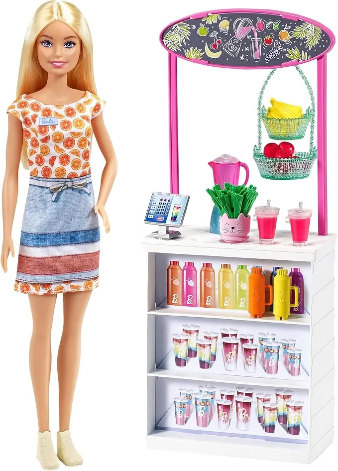 Barbie Puesto de Smoothies Muñeca Rubia con Accesorios y Tienda de Juguete Mattel