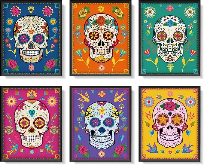 Pack 6 Decoraciones Pared Cráneo Azúcar Día de los Muertos Mexicanas