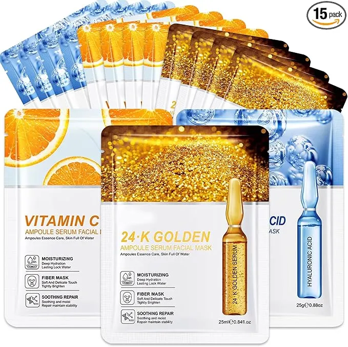 Set de 15 Mascarillas Faciales de Colágeno con Ácido Hialurónico, Vitamina C y Oro de 24K