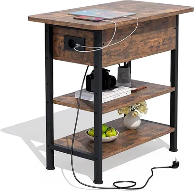 Mesa Auxiliar Pequeña con Multienchufe y Cajón Lateral Estrecho