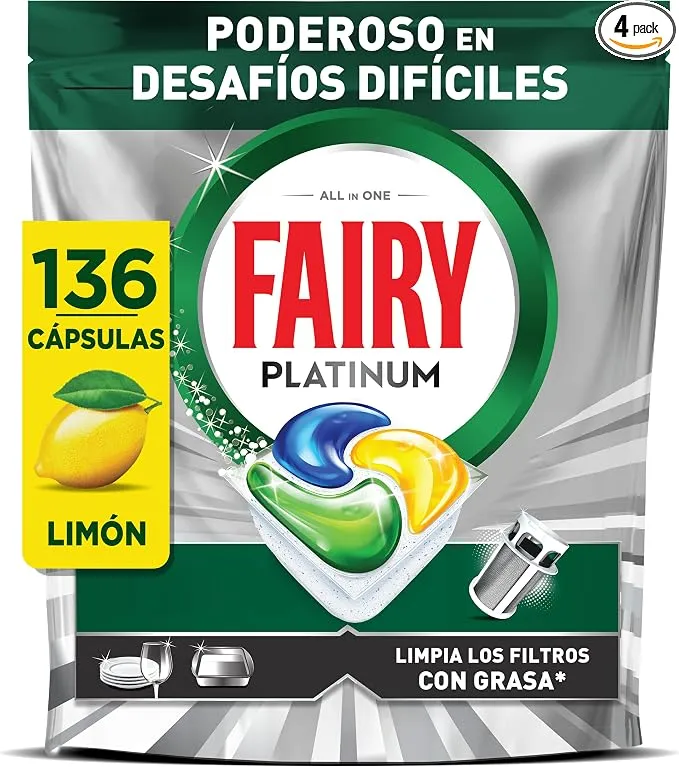 Fairy Platinum Cápsulas De Lavavajillas, Limón, 34 Cápsulas, Paquete de 4