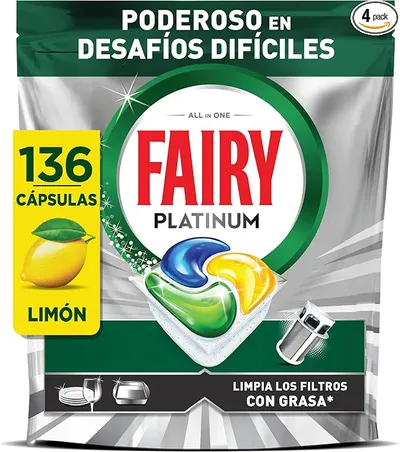 Fairy Platinum Cápsulas De Lavavajillas, Limón, 34 Cápsulas, Paquete de 4