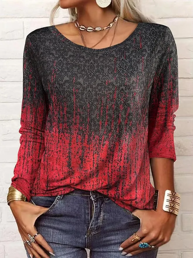 Camiseta Manga Larga Mujer Cuello Redondo Estampado Moderno