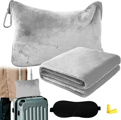 Bocguy Manta de Viaje 2 en 1 con Almohada, Antifaz y Tapones - Ultraligera y Portátil