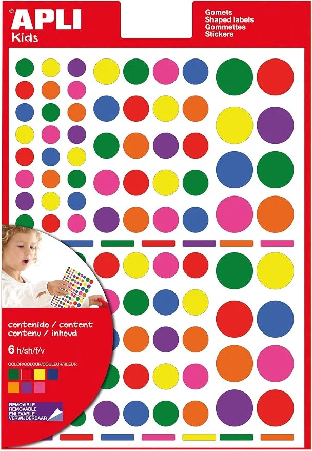 APLI Kids 13240 - Bolsa de Gomets Multicolor Surtido con 6 Hojas de Pegatinas Removibles
