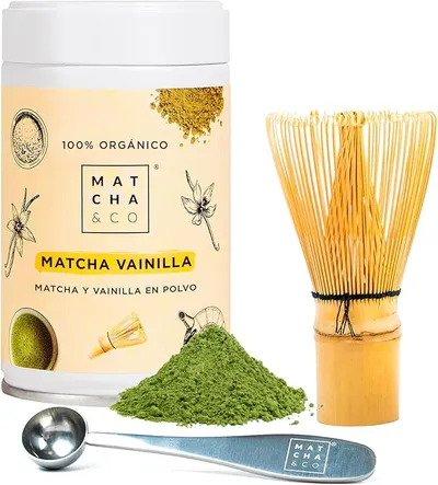 Set de Té Matcha de Iniciación Vainilla Matcha Kit, Cuchara medidora y Batidor de bambú. Matcha de Grado Ceremonial 100% Ecológico
