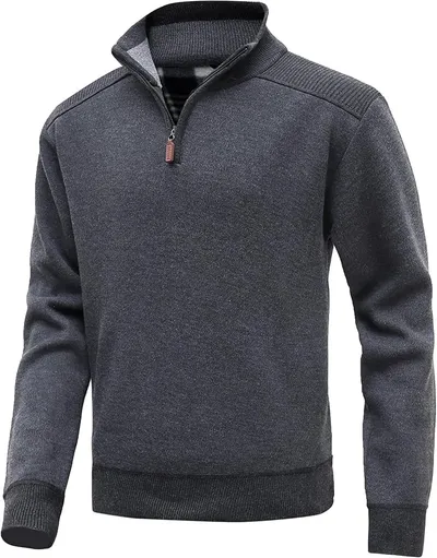 MeiLayM Jersey de Punto Sueter Hombre Manga Larga y Media Cremallera Otoño Invierno Jersei Clásico de Cuello Alto de Canalé Suéter de Punto Gris