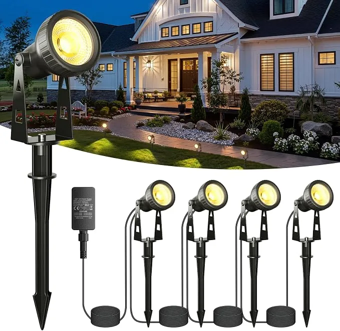 Kawaya Foco LED Exterior 4-en-1 para Jardín, 14M, Baja Presión 36V, IP68 Impermeable, Luz Amarilla Cálida