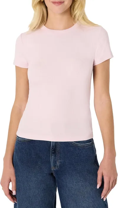 Amazon Essentials Camiseta Elástica de Manga Corta y Corte Ajustado con Canalé Mujer