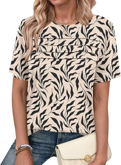 PLMOKEN Camisetas Manga Corta Mujer Blusas Verano Elegante y Plisadas Cuello Redondo Top Basicas T-Shirt Estampado de Hojas Negras XL