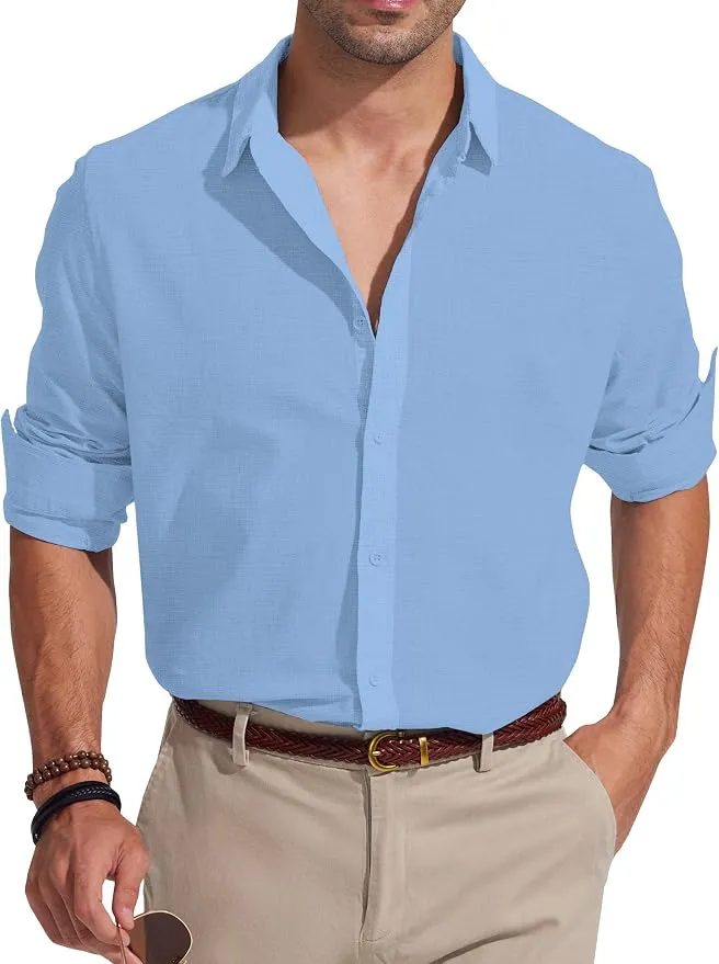 Camisa de Lino y Algodón Friptspyg Manga Larga para Hombre