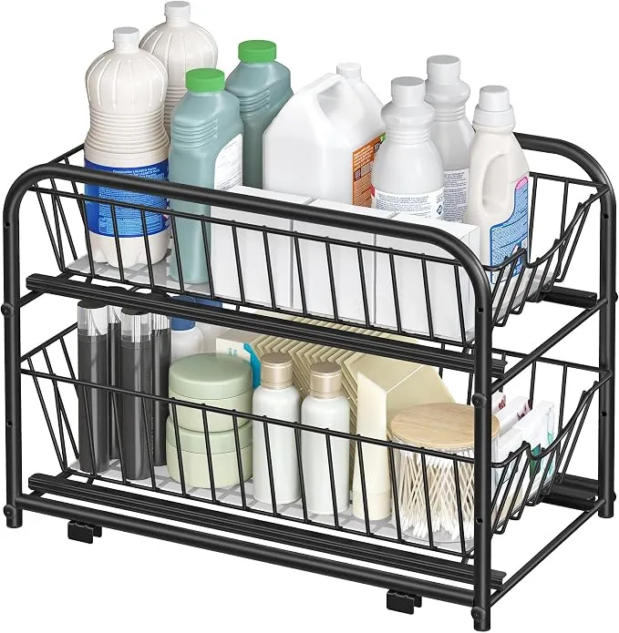 SONGMICS Organizador de Cocina Extraíble 2 Niveles para Armario o Bajo Fregadero, Negro
