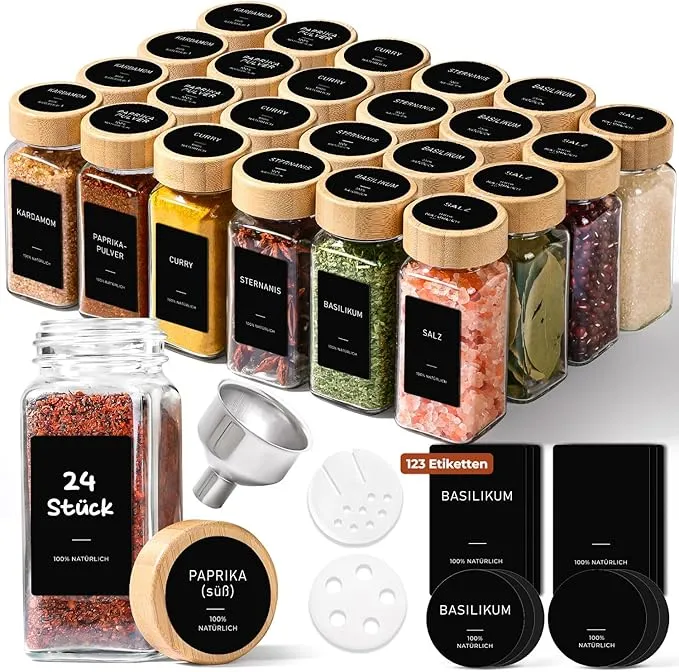 ComSaf Botes para Especias de Cristal 120 ml (Pack 24) con Tapas de Bambú y Etiquetas