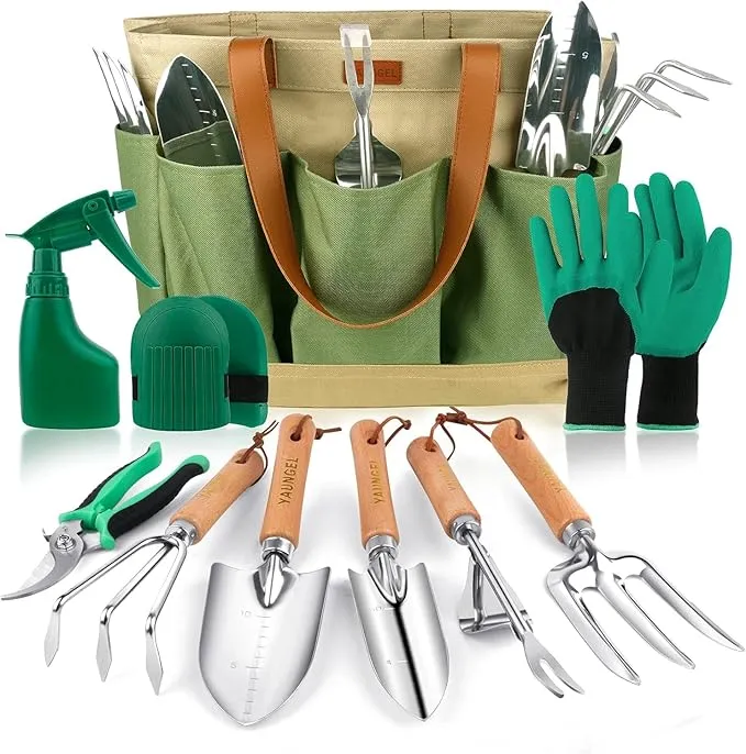 YAUNGEL Juego de Herramientas de jardinerÃa, 10 Piezas de Acero Inoxidable de Uso Pesado con Mango de Madera Antideslizante - Regalos para Mujeres y Hombres, Verde