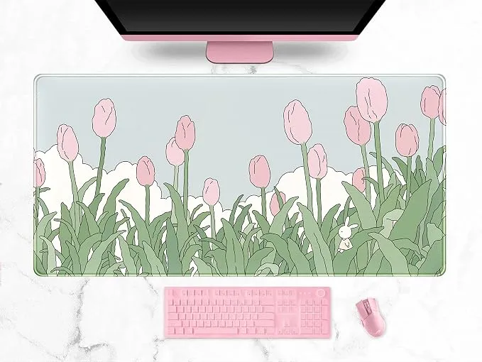 Alfombrilla XXL Gaming Kawaii Anime Tulipán Rosa Verde - 80x40cm