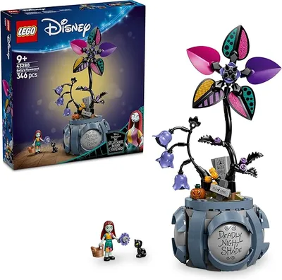 LEGO | Disney Maceta de Sally - Decoración del Dormitorio con 2 Flores Artificiales, Mini Muñeca y Gato Negro de Juguete - Regalo para Niñas de 9+ Años y Fans de Pesadilla Antes de Navidad