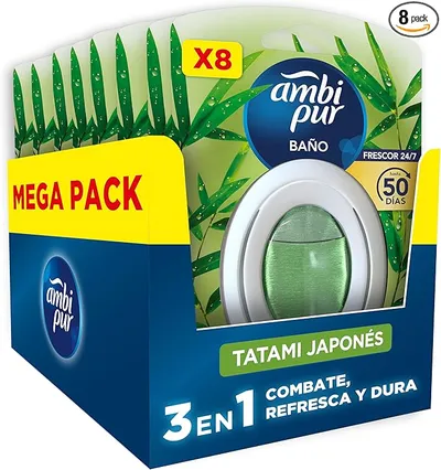 Ambipur Ambientador Para Baño, Fragancia Tatami Japones, Pack de 8 Unidades