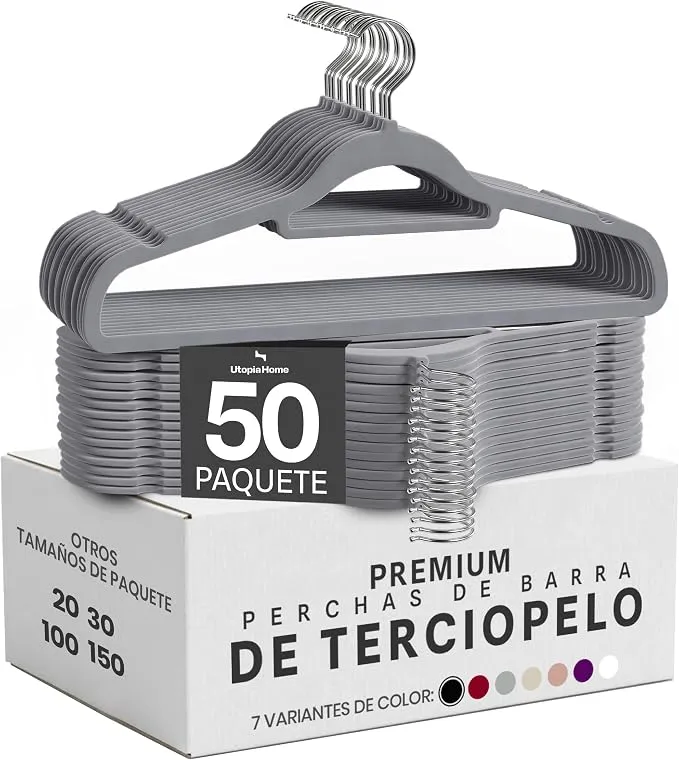Lote de 50 Perchas Utopia Home de Terciopelo Antideslizantes con Barra para Corbatas