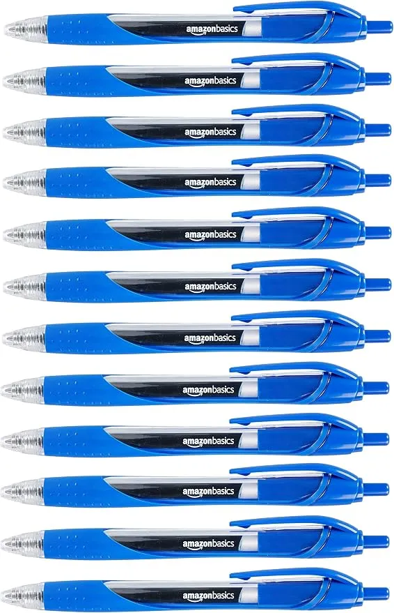 Amazon Basics Bolígrafos Retráctiles de Tinta Gel, Punta Fina 0.7mm, Azul, Paquete de 12